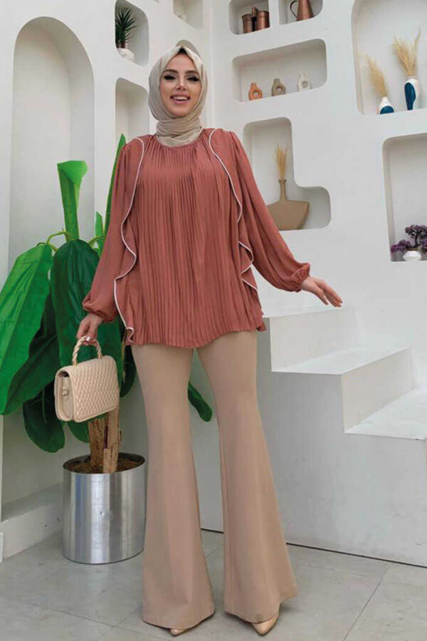 Pleated Frilly Stripe Detailed Crew Neck Blouse 2627 Dried Rose - 2