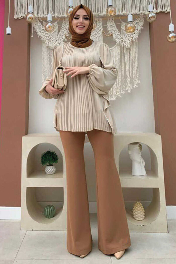 Pleated Ruffled Stripe Detailed Crew Neck Blouse 2627 Stone - 3