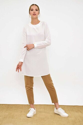 Crew Neck Long Tunic 2649 Ecru with Buttoned Sleeve Cuffs 