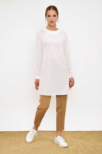 Crew Neck Long Tunic 2649 Ecru with Buttoned Sleeve Cuffs - 3