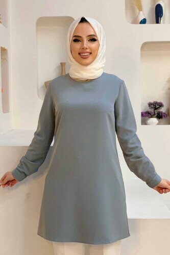 Crew Neck Long Tunic 2649 Gray With Sleeve Cuffs Buttons 