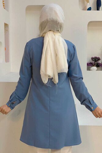 Sleeve Cuffs Buttoned Crew Neck Long Tunic 2649 Indigo - 2