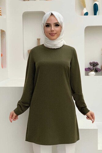 Crew Neck Long Tunic 2649 Khaki With Sleeve Cuffs Buttons 