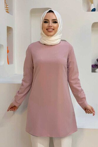 Round Neck Long Tunic With Buttons On Sleeve Cuffs 2649 Powder 