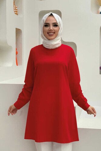 Crew Neck Long Tunic 2649 Red With Buttoned Sleeve Cuffs 