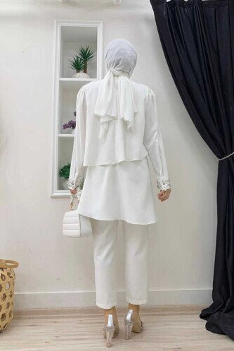 Pearls Stonework Detailed Layer Pleated Look Tunic 2667 Ecru - 4