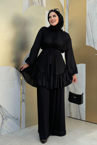 Pleated Skirt, Waist Belted Pleated Tunic 2673 Black - 2