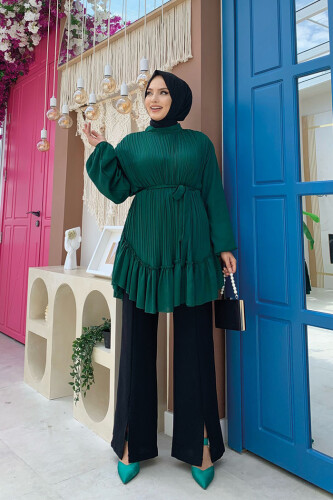 Pleat-Looked Waist Belted Pleated Tunic 2673 Emerald - 4