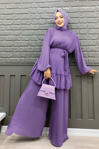 Pleated Skirted Waist Belted Pleated Tunic 2673 Lilac 