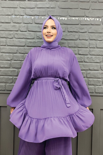 Pleated Skirted Waist Belted Pleated Tunic 2673 Lilac - 3