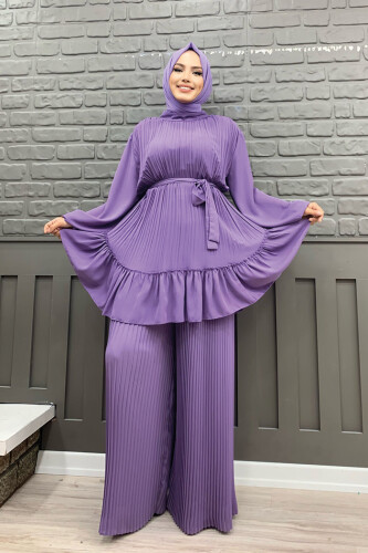 Pleated Skirted Waist Belted Pleated Tunic 2673 Lilac - 4