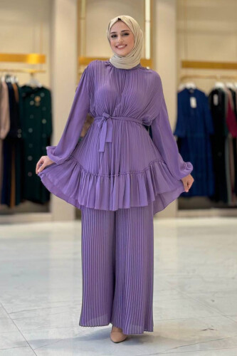 Pleated Skirted Waist Belted Pleated Tunic 2673 Lilac 