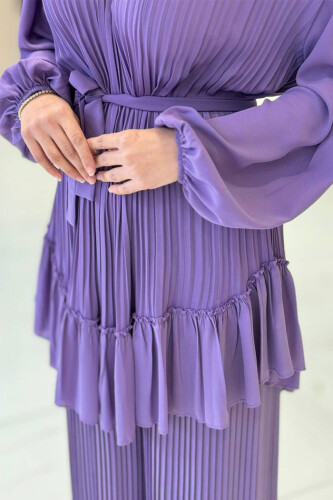 Pleated Skirted Waist Belted Pleated Tunic 2673 Lilac - 4