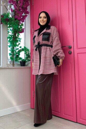 Leather Detail Waist Elastic Look Plaid Jacket 2680 Pink - 3