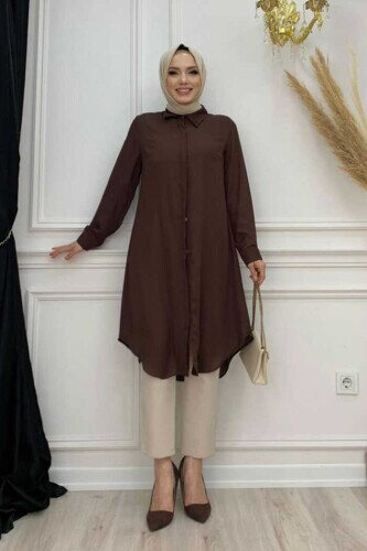 Button Down Sleeve Cuff Collared Tunic 2683 Brown 