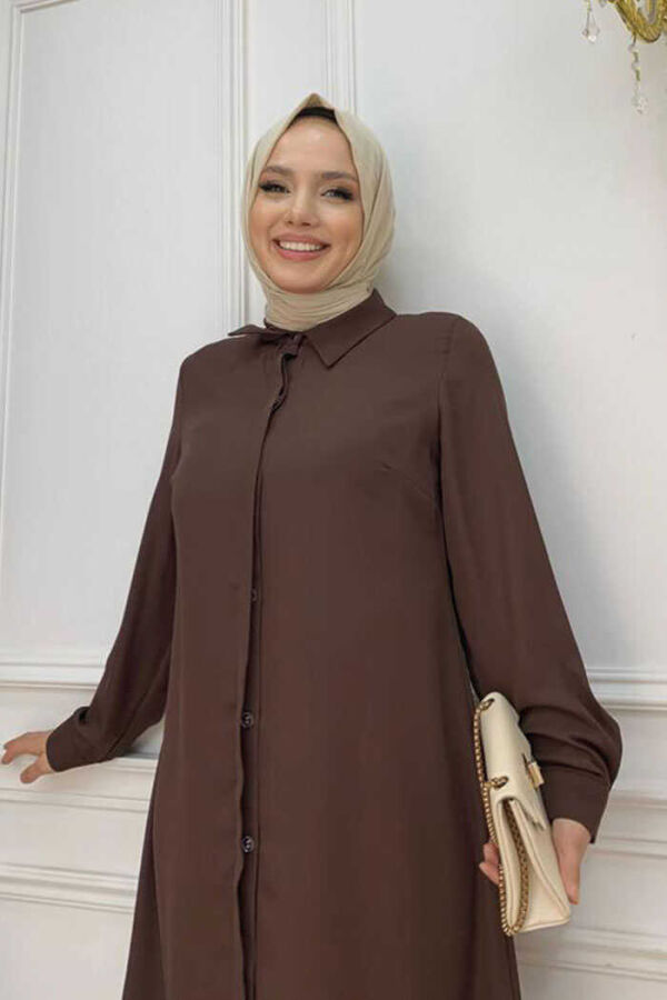 Button Down Sleeve Cuff Collared Tunic 2683 Brown - 4