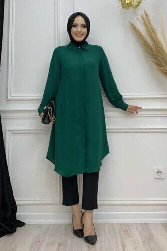 Button Down Collared Sleeve Cuffed Tunic 2683 Emerald 