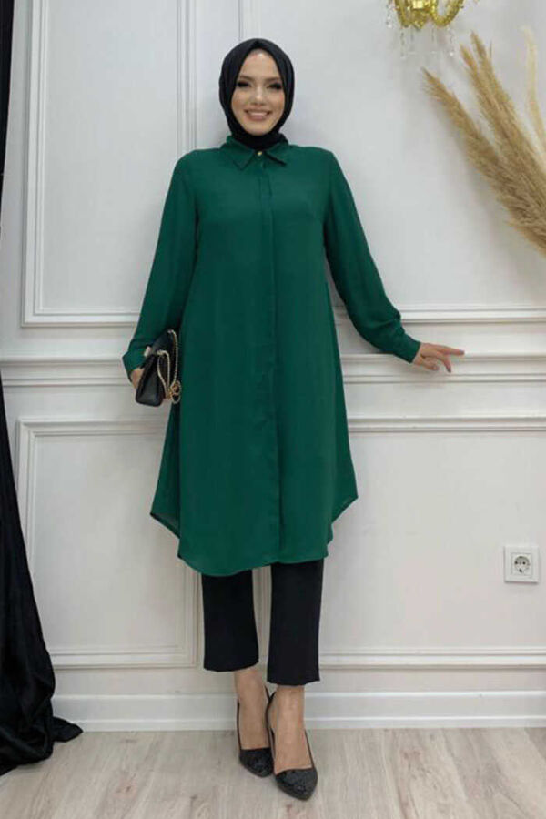 Button Down Collared Sleeve Cuffed Tunic 2683 Emerald - 1