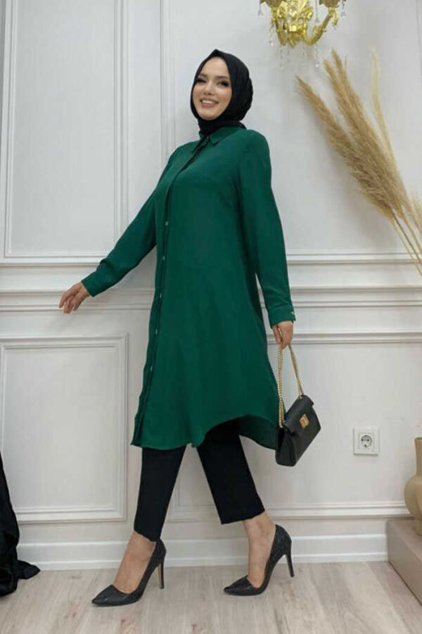 Button Down Collared Sleeve Cuffed Tunic 2683 Emerald - 2