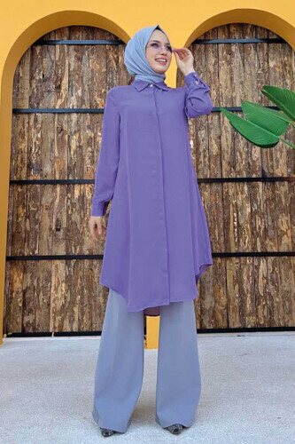 Button Down Collared Tunic with Sleeve Cuff 2683 Lilac 