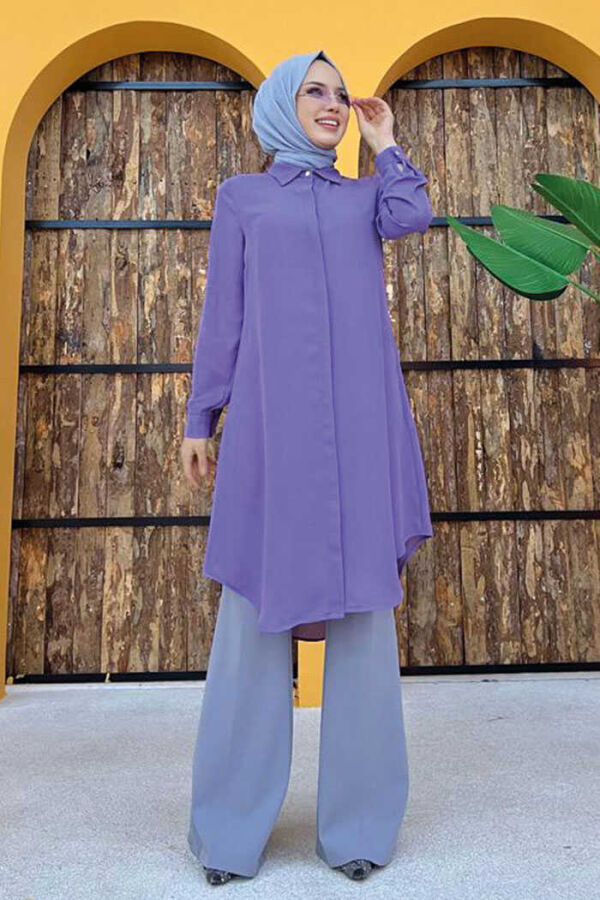 Button Down Collared Tunic with Sleeve Cuff 2683 Lilac - 1