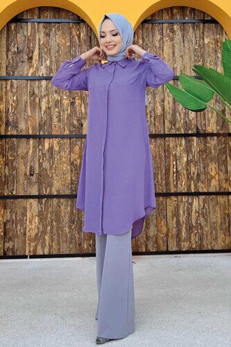 Button Down Collared Tunic with Sleeve Cuff 2683 Lilac - 2