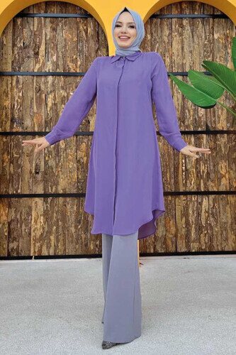 Button Down Collared Tunic with Sleeve Cuff 2683 Lilac - 3