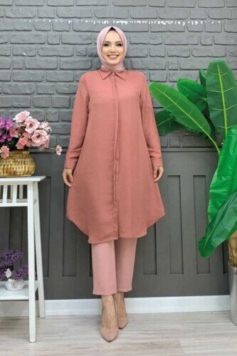 Button Down Collared Tunic With Sleeve Cuff 2683 Dried Rose - 1