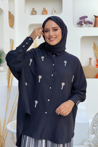 Stone Embroidered Bat-Sleeve-Looked Buttoned Tunic 2685 Black 