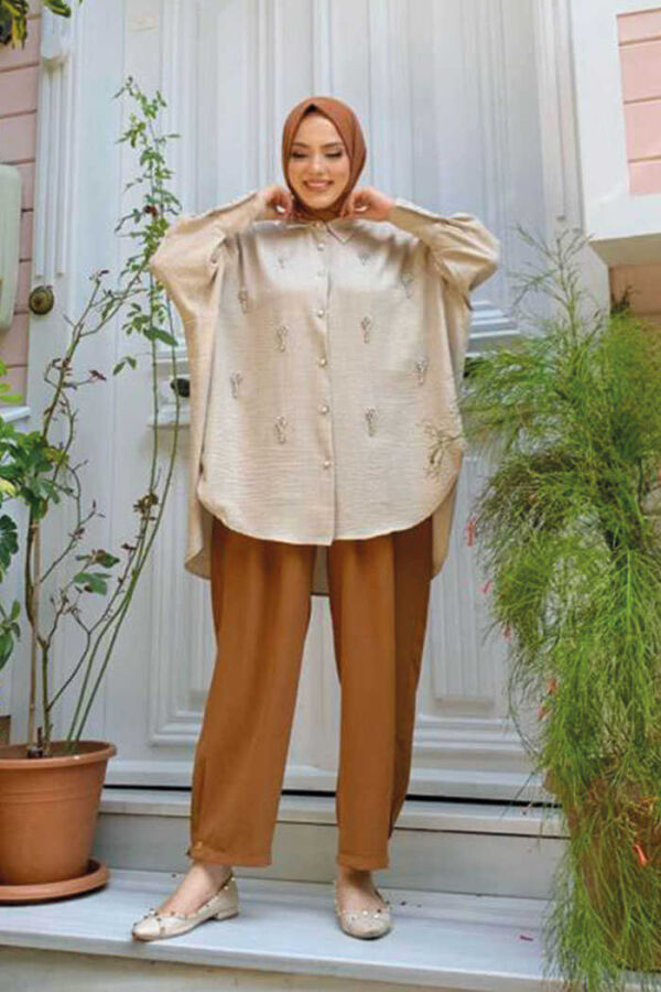 Stone Embroidered Bat-Sleeve-Looked Buttoned Tunic 2685 Mink - 3