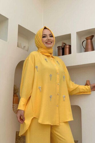 Stone Embroidered Bat-Sleeve-Looked Buttoned Tunic 2685 Yellow - 1