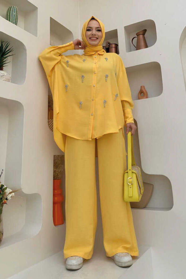 Stone Embroidered Bat-Sleeve-Looked Buttoned Tunic 2685 Yellow - 2