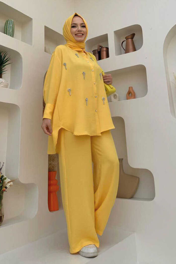 Stone Embroidered Bat-Sleeve-Looked Buttoned Tunic 2685 Yellow - 3