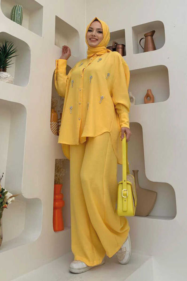 Stone Embroidered Bat-Sleeve-Looked Buttoned Tunic 2685 Yellow - 4