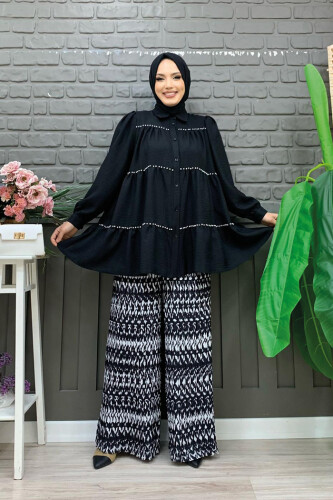 Layered Stone Embroidered Look Buttoned Tunic 2687 Black - 2