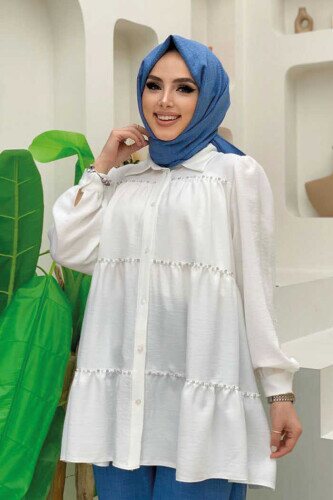 Layered Stone Embroidered Look Buttoned Tunic 2687 Ecru 