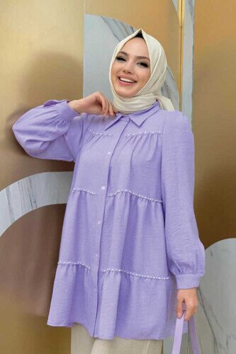 Layered Stone Embroidered Look Buttoned Tunic 2687 Lilac 