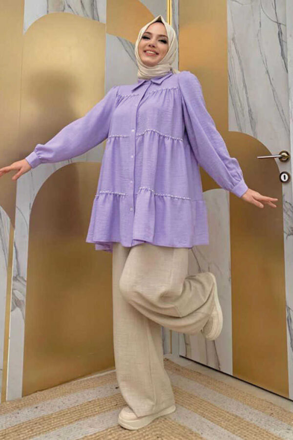 Layered Stone Embroidered Look Buttoned Tunic 2687 Lilac - 2