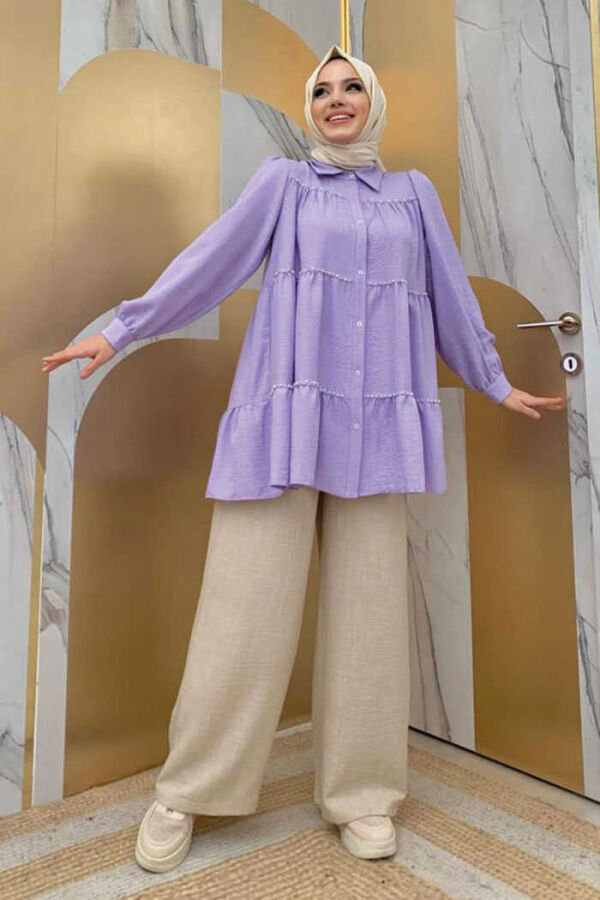 Layered Stone Embroidered Look Buttoned Tunic 2687 Lilac - 3