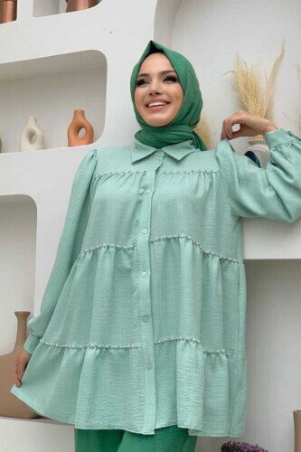 Layered Stone Embroidered Look Buttoned Tunic 2687 Mint 