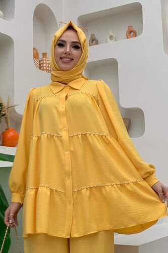 Layered Stone Embroidered Look Buttoned Tunic 2687 Yellow 