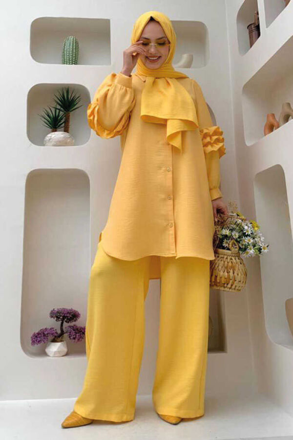 Sleeve Frill Detail Button Down Tunic 2713 Yellow - 2