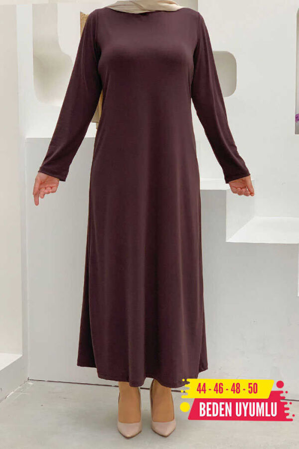 Büyük Beden Düz Bisklet Yaka Uzun Kol İç Sandy Elbise 3202-1 Kahverengi - 1