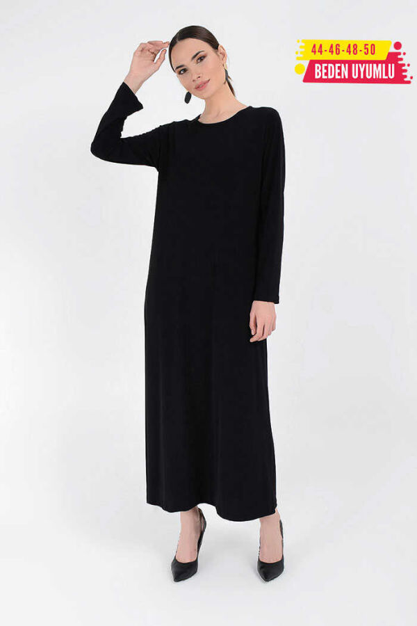 Büyük Beden Düz Bisklet Yaka Uzun Kol İç Sandy Elbise 3202-1 Siyah - 1