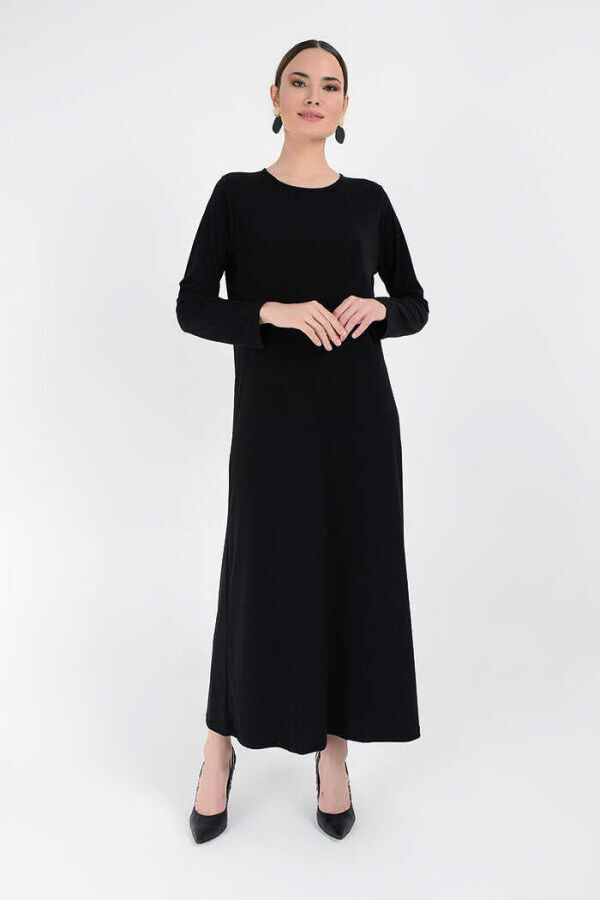 Büyük Beden Düz Bisklet Yaka Uzun Kol İç Sandy Elbise 3202-1 Siyah - 2