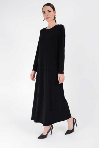 Büyük Beden Düz Bisklet Yaka Uzun Kol İç Sandy Elbise 3202-1 Siyah - 3