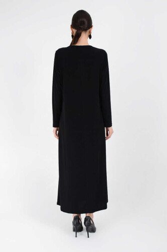 Büyük Beden Düz Bisklet Yaka Uzun Kol İç Sandy Elbise 3202-1 Siyah - 4