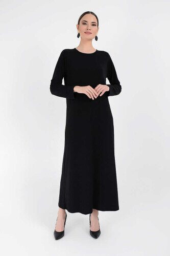 Düz Bisklet Yaka Uzun Kol İç Sandy Elbise 3202 Siyah - 2