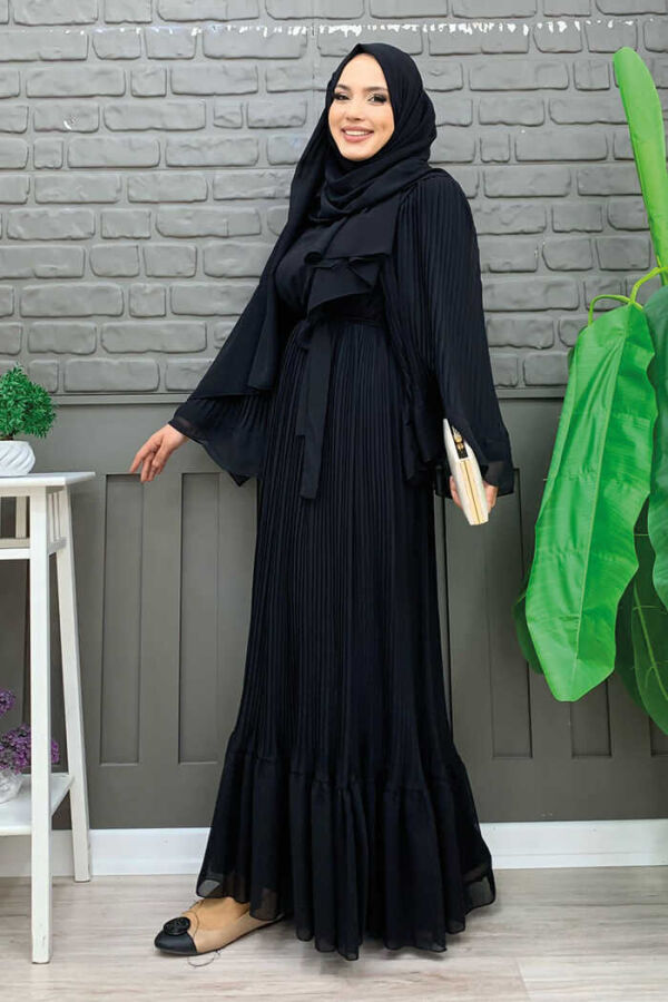 Pleated Ruffle Look Lined Chiffon Dress 3404 Black - 3