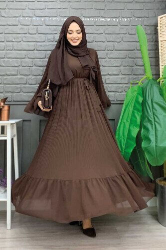 Pleated Ruffle Look Lined Chiffon Dress 3404 Brown - 1